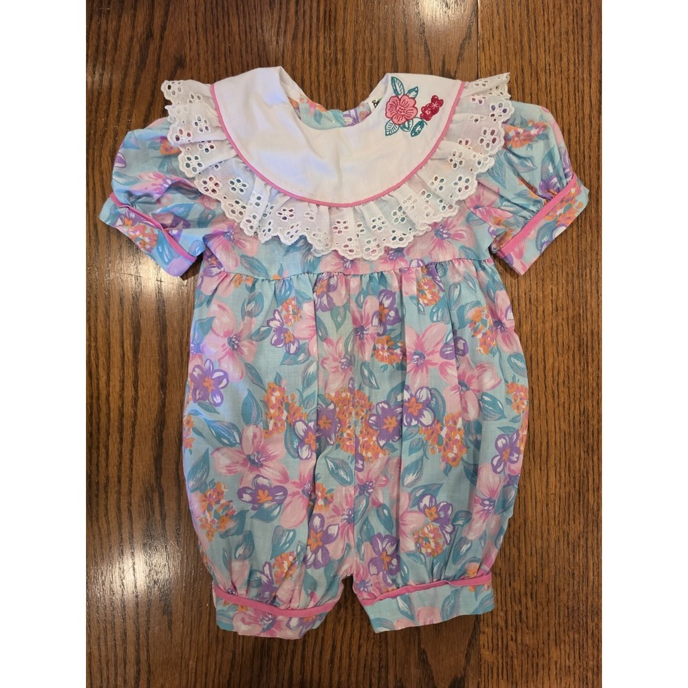 Broadway Kids‎ 12M Bright Pastel Floral One Piece Bubble Romper Collar VTG 80s